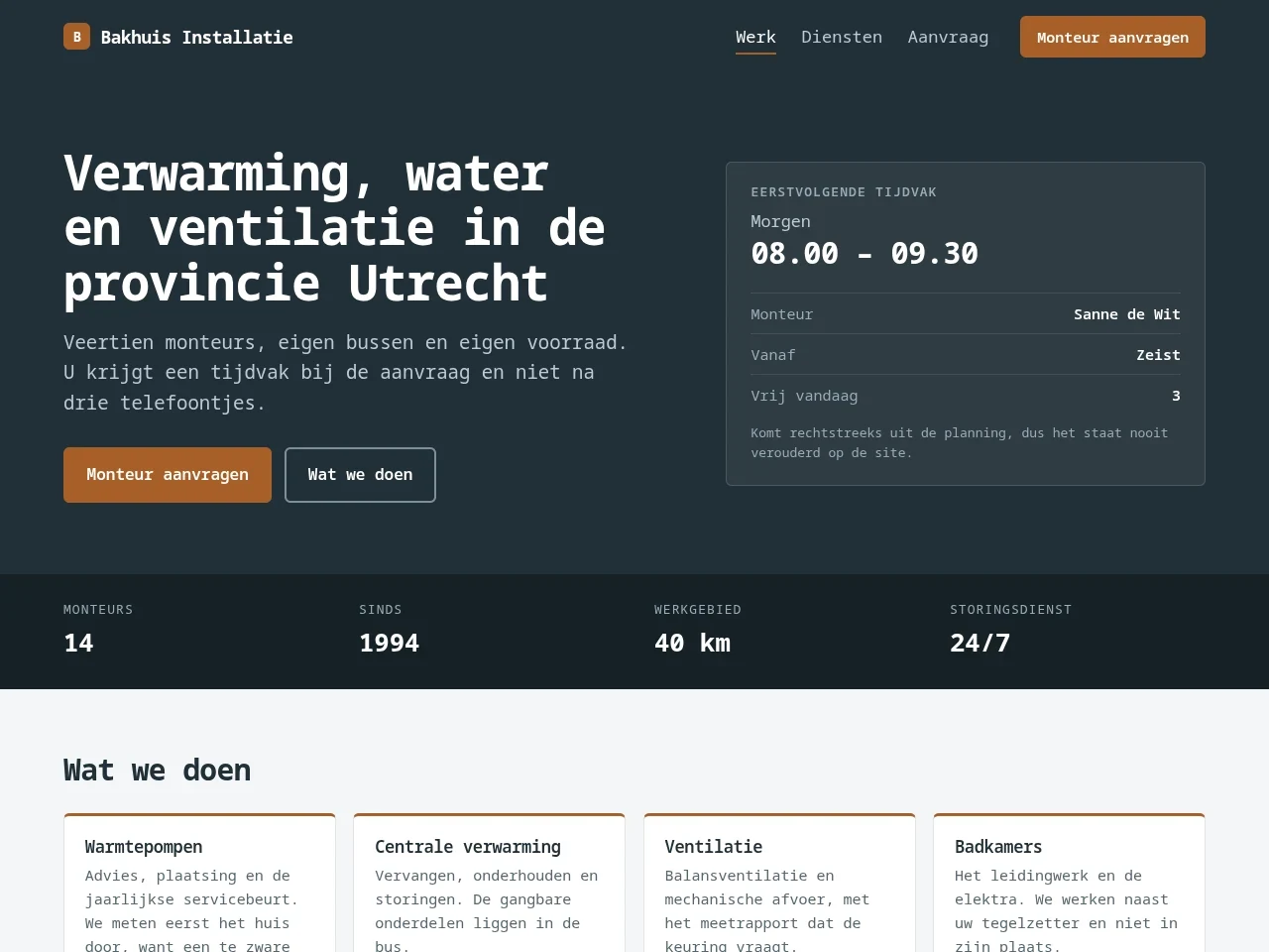 Startpagina van de demo-bedrijfssite Bakhuis Installatie