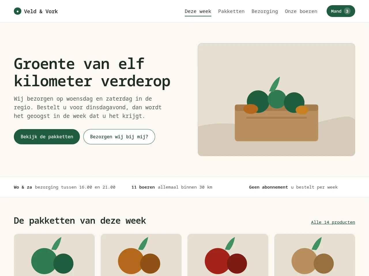 Startpagina van de demo-webshop Veld & Vork